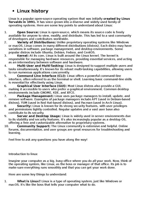 Linux history - Linux history Linux is a popular open-source operating ...