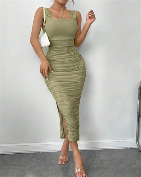 Square Neck Solid Ruched Split Thigh Wide Strap Herbal Green Dress ...