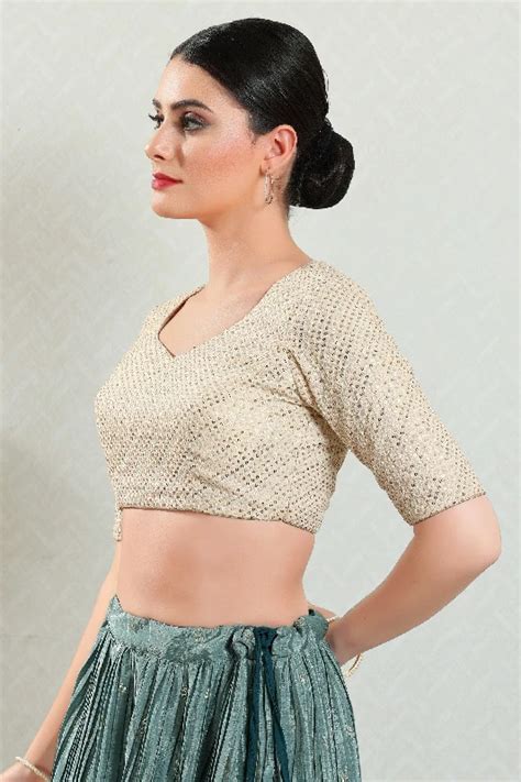 Designer Readymade Blouse, Brocade-Cream-Back Open