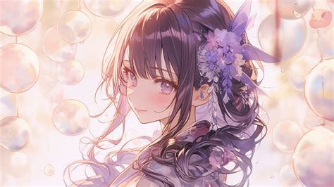Wallpaper girl, smile, flower, kimono, purple, anime hd, picture, image