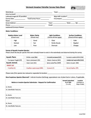 Fillable Online Vermont Invasive Patroller Survey Data Sheet Fax Email ...