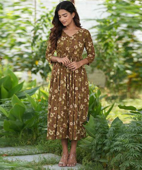 Brown floral handblock printed cotton dress – GoSwadeshi