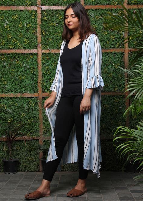 Get Broad White Stripes Blue Longline Jacket at ₹ 1199 | LBB Shop