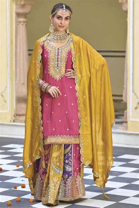 Buy Embroidered Pink Sangeet Wear Sharara Style Readymade Lehenga In ...