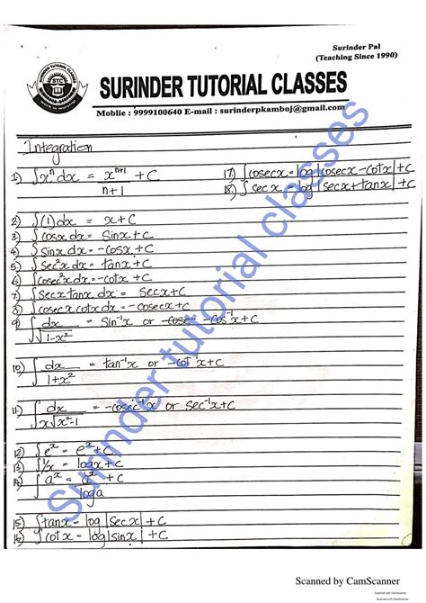Integration formulas and worksheet indefinite - Surinder Pal (Teaching ...
