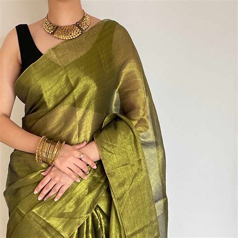 Amara- Green raga cotton tissue saree with golden zari shift | Shobhangini