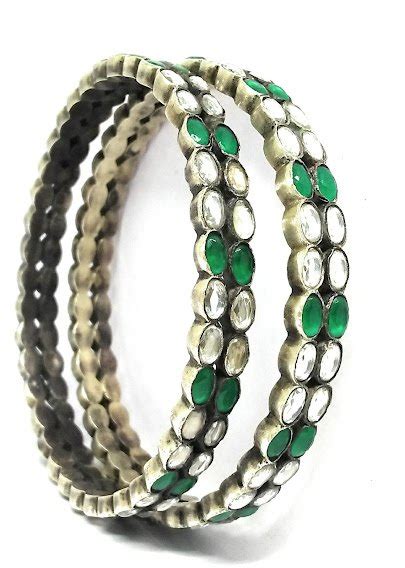 925 Oxidised Silver Polki And Green Bangle - Silver Palace