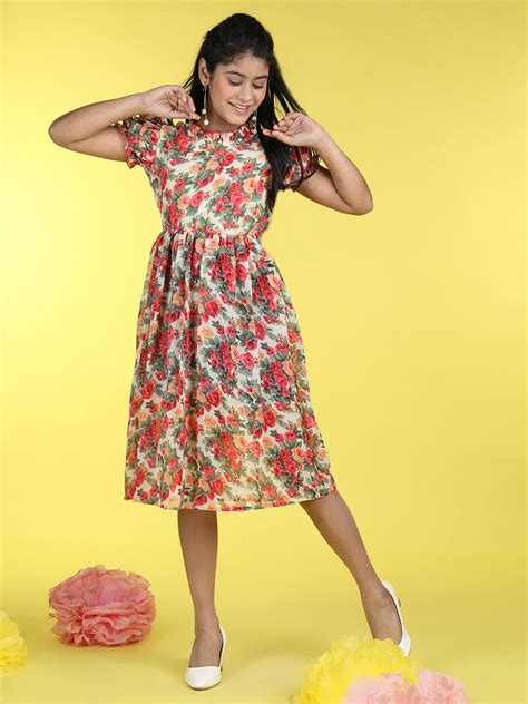 Cutiekins Mandarin Collar Printed Flared Dress-Red & Green