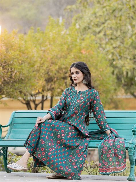 Green Floral Print Mirror Work Anarkali Kurta Trouser And Dupatta Set ...