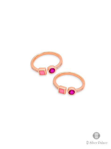 925 Silver Rose Gold Polished Round Shape Red Stone Toe Ring For Girls ...