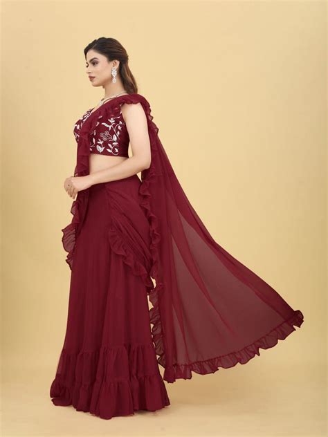 Charming Maroon Color Ruffle Style lehenga Saree - Clothsvil