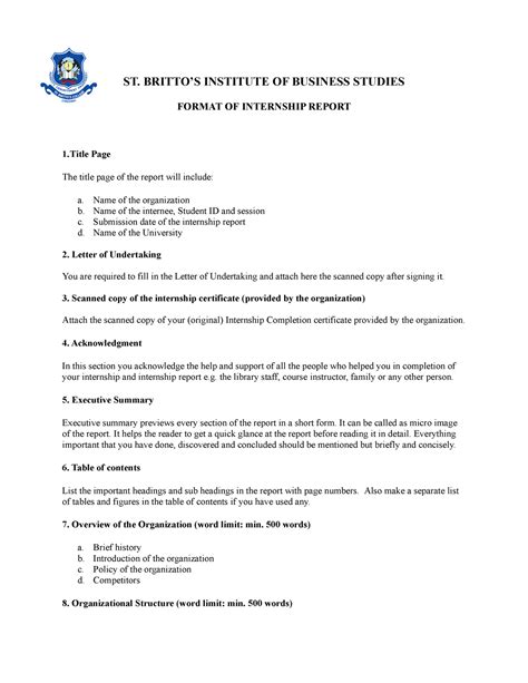 Internship Report Writing Criteria for GMD - ST. BRITTO’S INSTITUTE OF ...