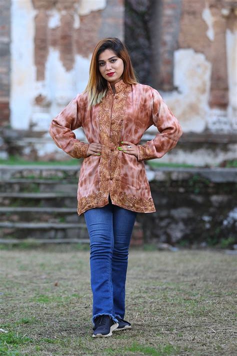 Tie & dye tan brown colour kashmiri aari work embroidered jacket