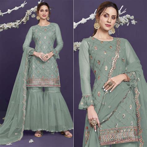 Light Green Sequence Embroidered Netted Sharara Suit