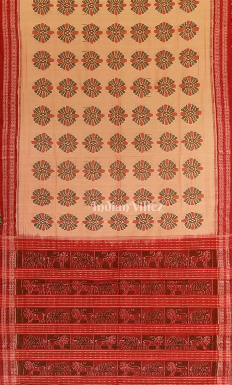 Cream Red Floral Motif Sambalpuri Cotton Saree with Jungle Anchal ...