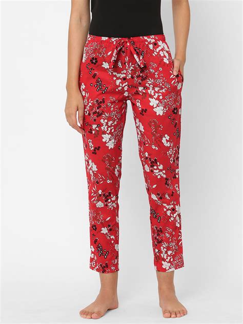Women's Floral Print, Red, Cotton, Regular Fit, Elasticated, Waistband ...