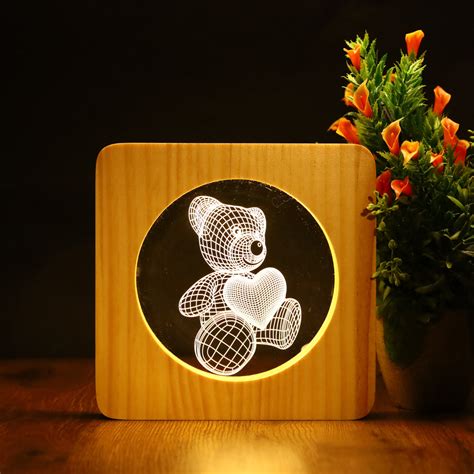 3D Wooden Teddy Bear Night Lamp with Heart – QuirkyStore.in