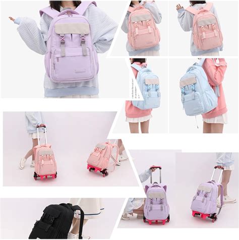 Buy Solid-Color Rolling Backpack for Girls, Trolley Wheel School Bag ...