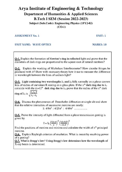 Assignments Physics 1st SEM 2022-23 - Department of Humanities ...