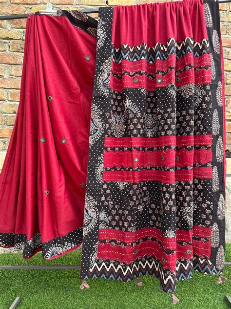 Red and Black Pure Cotton Saree with Ajrakh Applique Patchwork Embroid ...