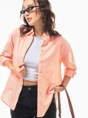 Buy Bewakoof Women's Orange Oversized Cotton Linen Shirt Online