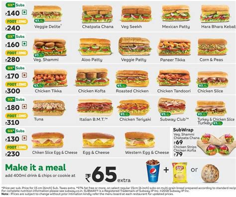 Menu at Subway, Hyderabad, 9CWF+PHG