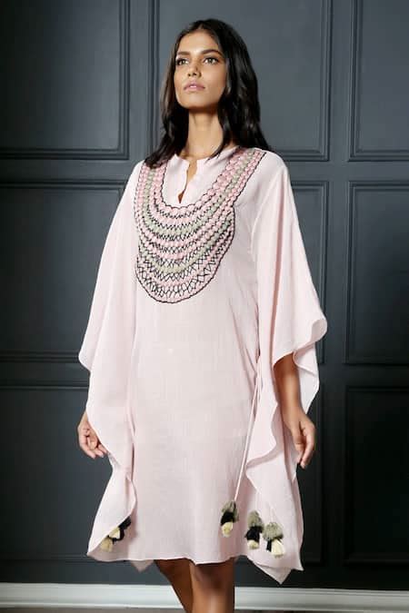 Buy Pink Cotton Muslin Mandarin Collar Embroidered Kaftan Dress For ...