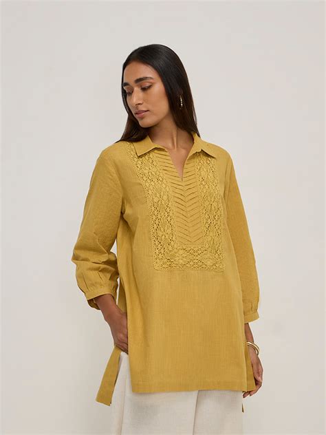 Buy Utsa Yellow Crochet Embroidered High-Low Cotton Kurti from Westside