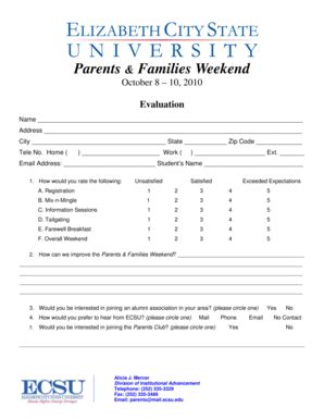 Fillable Online Evaluation Form for Parents & Families Weekend Fax ...