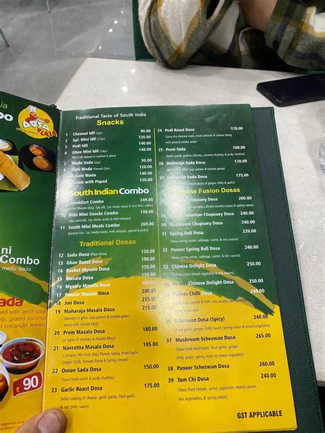 Menu at Dosa Plaza, Bhuntar