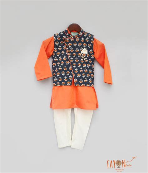 Printed Nehru Jacket with Orange Kurta Chudidar for Boys – FayonKids