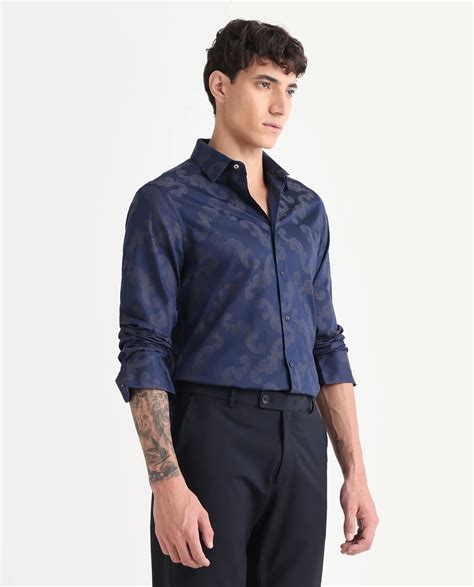 Rare Rabbit Men's Funo Blue Cotton Jacquard Regular Fit Full Sleeve Co