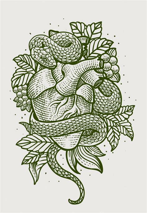 Premium Vector | Illustration heart snake with engraving hand drawn style Vector illustration