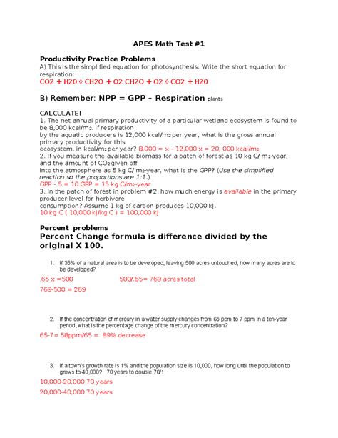 Review Math Wksheet Teacher - APES Math Test Productivity Practice ...