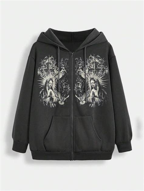 ROMWE Graphic Virgin Mary & Cross Print Hooded Zip-Up Sweatshirt With ...