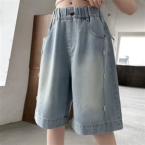 Girls Light Blue Pearl Embellished Denim Shorts – INCLUD