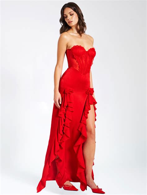 Talia Red Satin Lace Corset Maxi Dress – Miss Circle