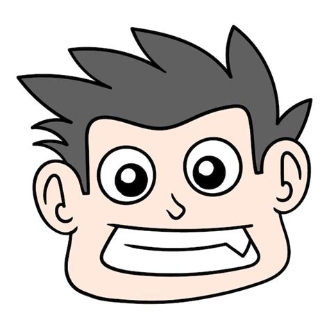 Голова мальчика улыбается ухмылкой, насмехаясь над рисунком значка ...