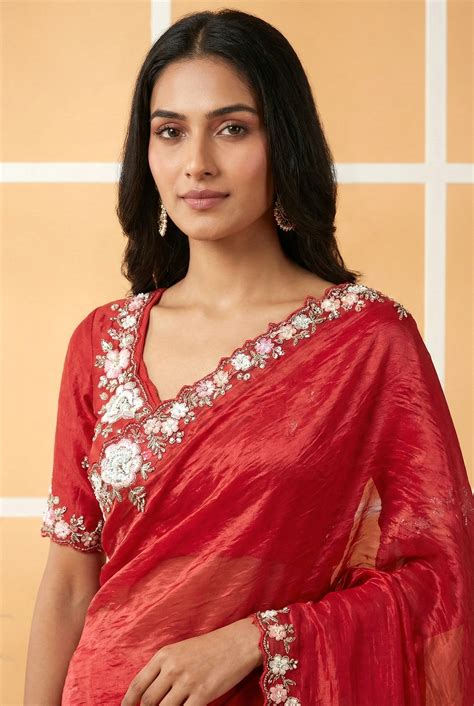 Neerus Red Floral Embellished Organza Pleated Saree - Saree + Blouse ...