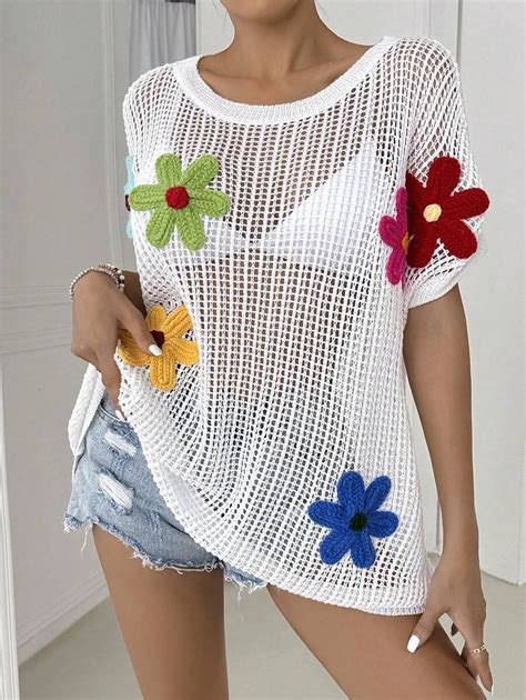 Colorful 3D Floral Women Hollow Out Beach Cover Up Top Summer | SHEIN USA