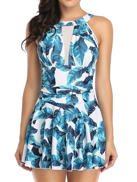 One Piece Swimsuits for Women with Skirt High Neck Plunge Mesh Bathing ...