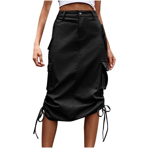 Women Cargo Skirt Mid Length Denim Skirt Side Drawstring Casual Skirt ...