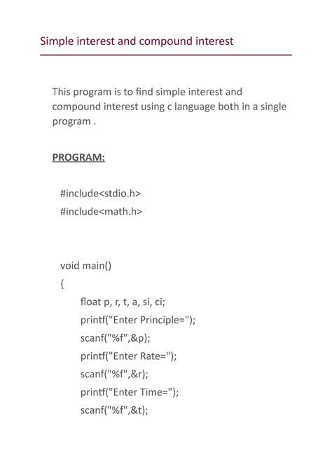 Simple interest and compound interest - PROGRAM: #include #include void ...
