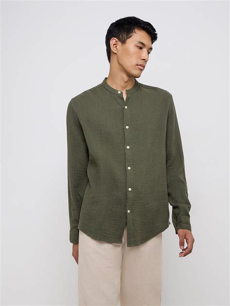 Buy ETA Olive Crinkle Textured Resort-Fit Cotton Shirt from Westside