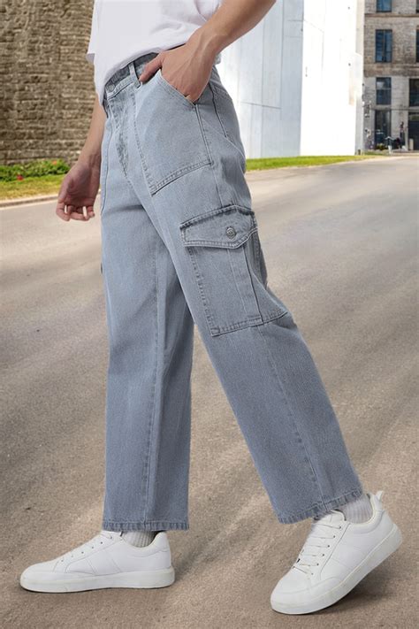 Men's Light Grey Loose Baggy Fit Cargo Jeans with 6 Pockets Non-Stretc ...