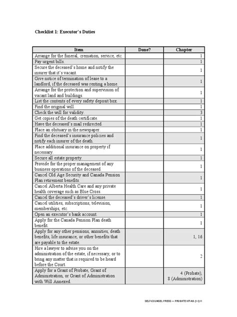 Checklist 1: Executor's Duties: Self-Counsel Press - Probate Kit-Ab (1-1) 11 | PDF | Probate ...