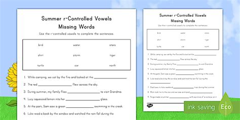 Summer R-Controlled Vowels Worksheet for 2nd-3rd Grade