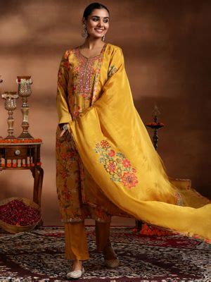 Buy Libas Womens Yellow Kurta with Pant and Dupatta (Set of 3) (L) Online