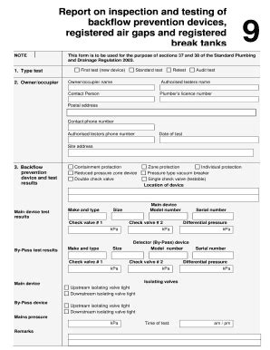 Fillable Online Report on inspection and testing of backflow prevention ...