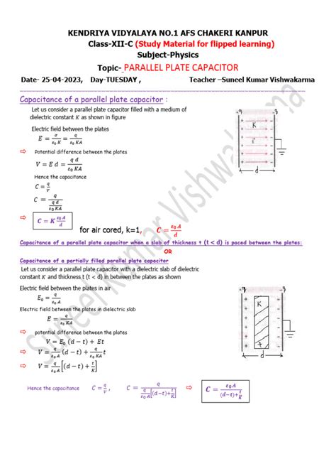 Image result for Parallel Plate Capacitance Equation